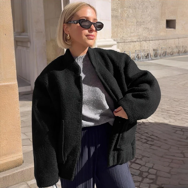 

Tornova Loose Stand Collar Woolen Jacket Coat Woman Solid Long Sleeve Casual Outwear 2025 Autumn Winter New Warm Female Jackets