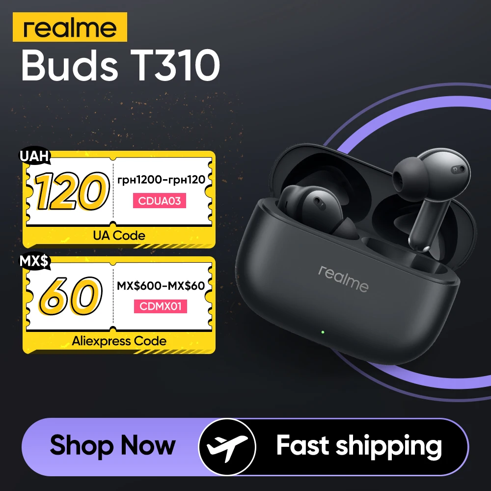 realme Buds T310 Bluetooth 5.4 Wireless TWS Earphone Dual Connection 45ms Ultra-low Latency 46dB Active Noise Cancelling 40H