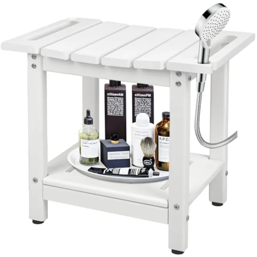 

Shower Bench HDPE Waterproof Shower Chair for Inside Shower with Storage Shelf Heavy Duty Bathroom Bench with Non-Slip Adjustab