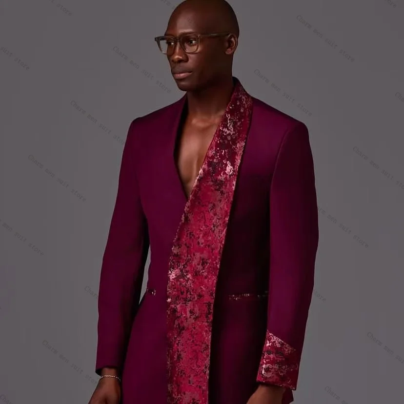 Glitter Sequins Burgundy Men Suits Set 2 Pcs Blazer+Pants Trousers Cotton Guest Wedding Tuxedos Formal Office Groom Jacket Coat