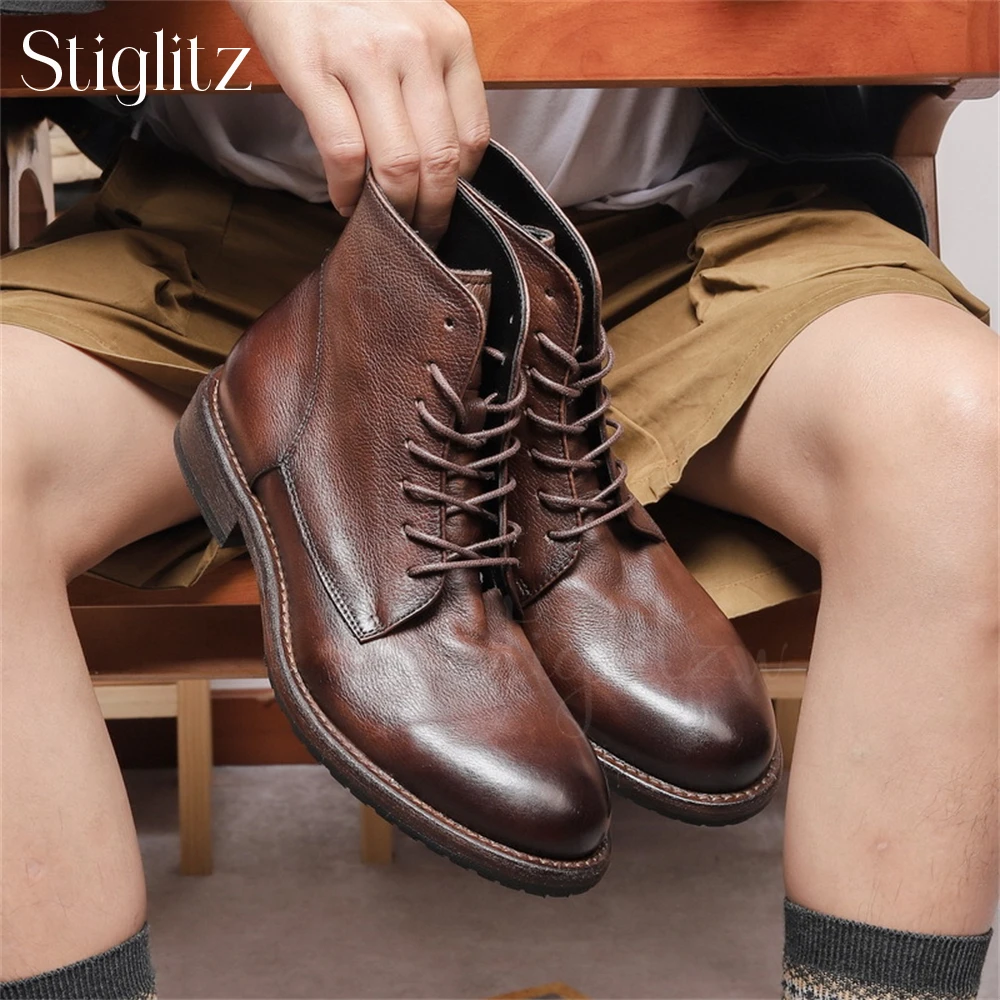 

Genuine Leather Lace-Up Booties Retro British Style Brown Leather Ankle Boots Round Toe Hand Polished Casual Motorcycle Footwear