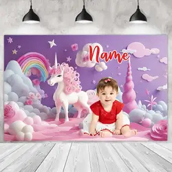 Unicorn Party Backdrops Princess Girl Birthday Photography Cake Smash Rainbow Balloons Background Shoot Customize Name Photo