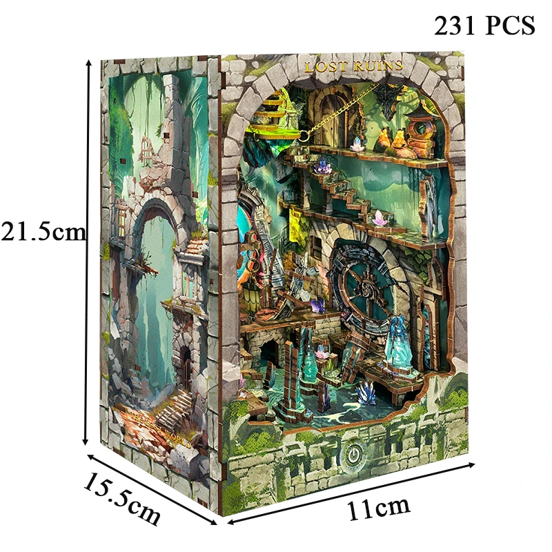 DIY Wooden Book Nook Lost Ruins Figurines Miniatures Bookend Handmade Bookshelf With Light for Friends Gifts Home Decor Crafts