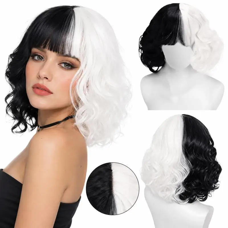 Peluca corta rizada negra y blanca con flequillo, peluca sintética para cosplay para mujer, disfraz de fiesta de Halloween, accesorio para juegos de rol