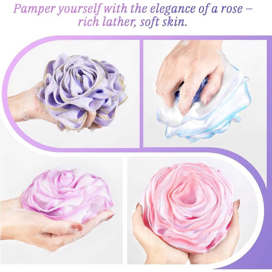 Elegante set di 4 spugne da doccia in luffa da bagno a forma di rosa per il lavaggio quotidiano del corpo e l'esfoliazione della pelle nel bagno SpaLike