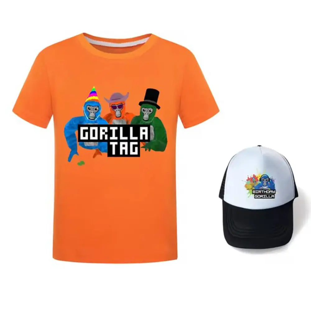 Camiseta con etiqueta de gorila para niños, camisetas Kawaii y sombrero para el sol, trajes de 2 uds., camisetas de manga corta de verano para niñas, ropa informal para adolescentes y niños