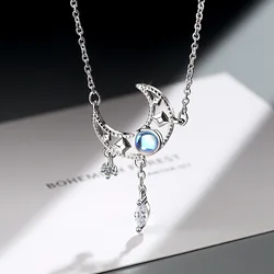 S925 Sterling Silver Blue Zircon Moon Sparkling Crystal Pendant Necklace Simple Clavicle Chain