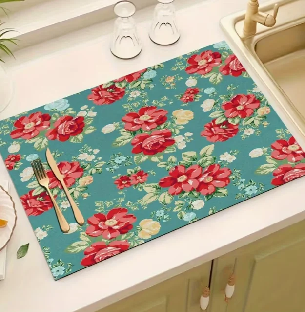 Geschirrtrocknungspad, Blumenmuster, Espressomaschine, Arbeitsplatte, saugfähiges Pad, Waschtisch-Abflussmatte, weiche Wasserhahn-Matte, Waschtisch-Tassenmatte