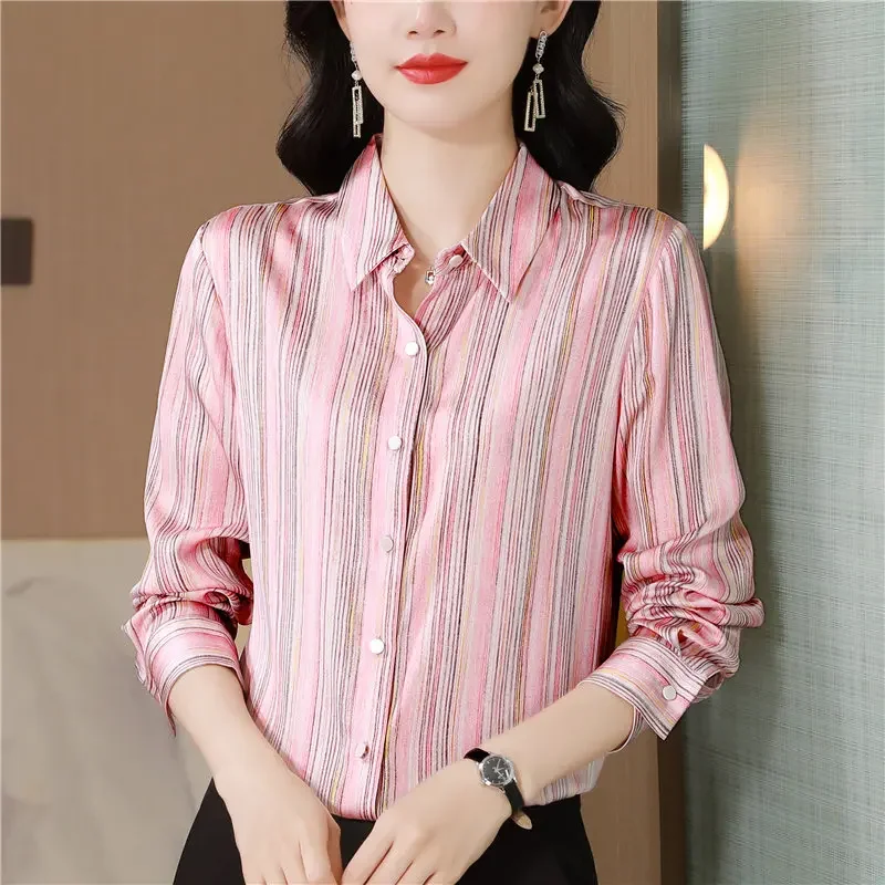 

2024 Autumn Elegant Striped Lapel Shirts for Women,Pink Long Sleeve Top Korean Style Slim Fit Blouse Women for A Flattering Look