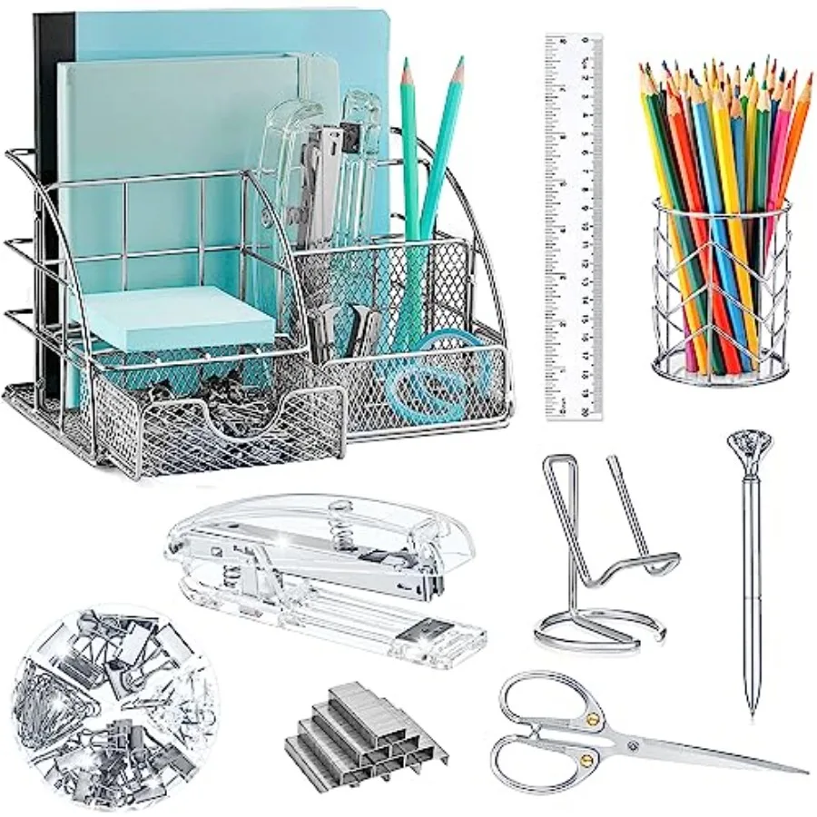 

Silver Desk Organizers and Accessories Office Supplies Set Stapler Pen Holder Phone Holder Scissors Pen Ruler 30 Paper Clips 22