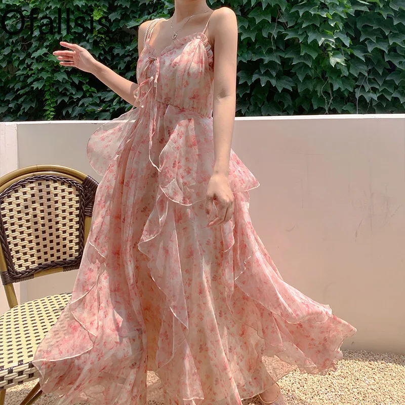 Ofallsis Strapless Floral Printed Fairy Long Dress 2024 Summer New Seaside Vacation French Style Camisole Long Evening Dresses