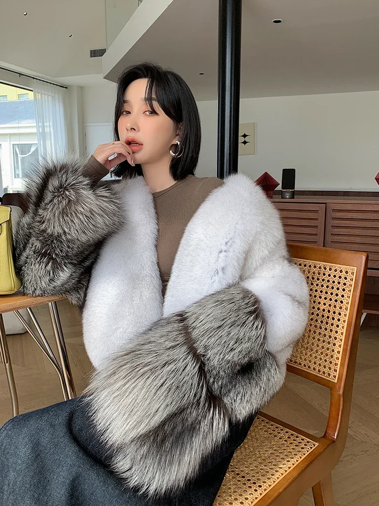 Tajiyane 2023 Winter Real Fox Fur Coat Women Short Black Fur Coats Korean Fashion Vneck Fox Fur Jackets for Womens Abrigo Mujer