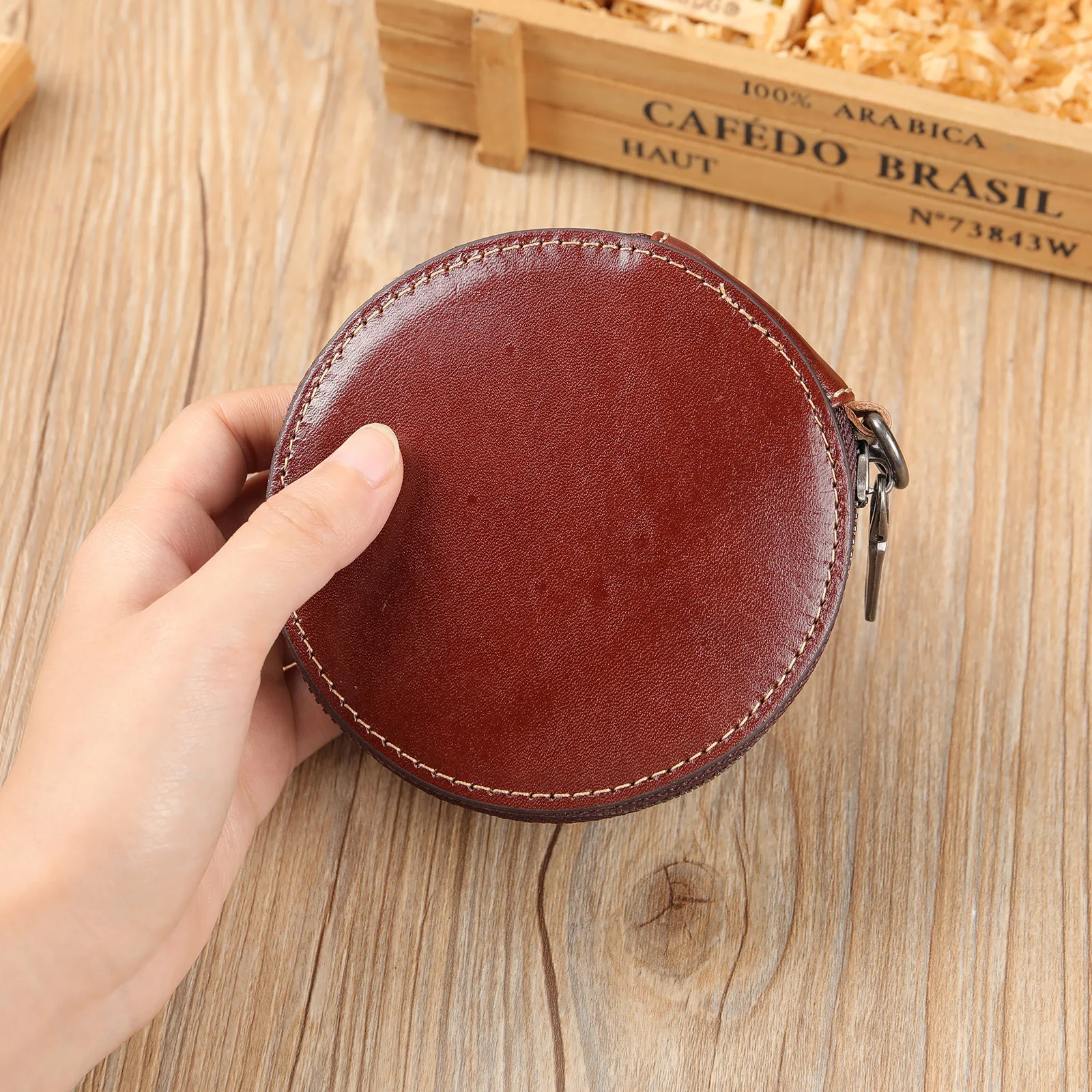 Genuine Leather Coin Pouch Mini Round Wallet with Rope Creative Small Purse