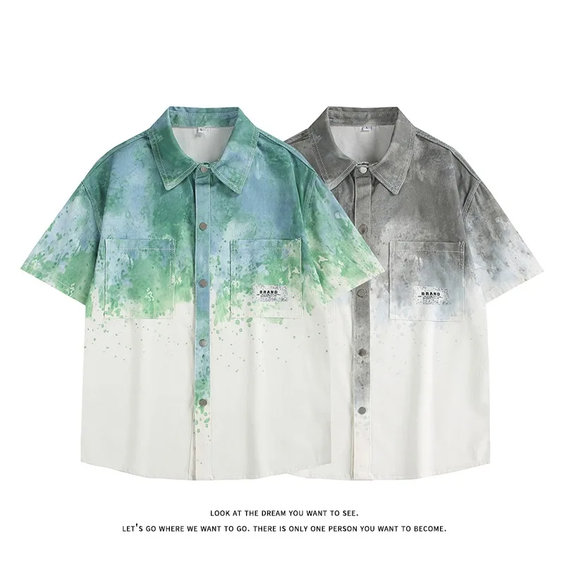 

Мужские рубашки, мужская одежда, повседневные свободные джинсовые рубашки с коротким рукавом, с эффектом выцветания, художественные, универсальные, летние топы для мужчин