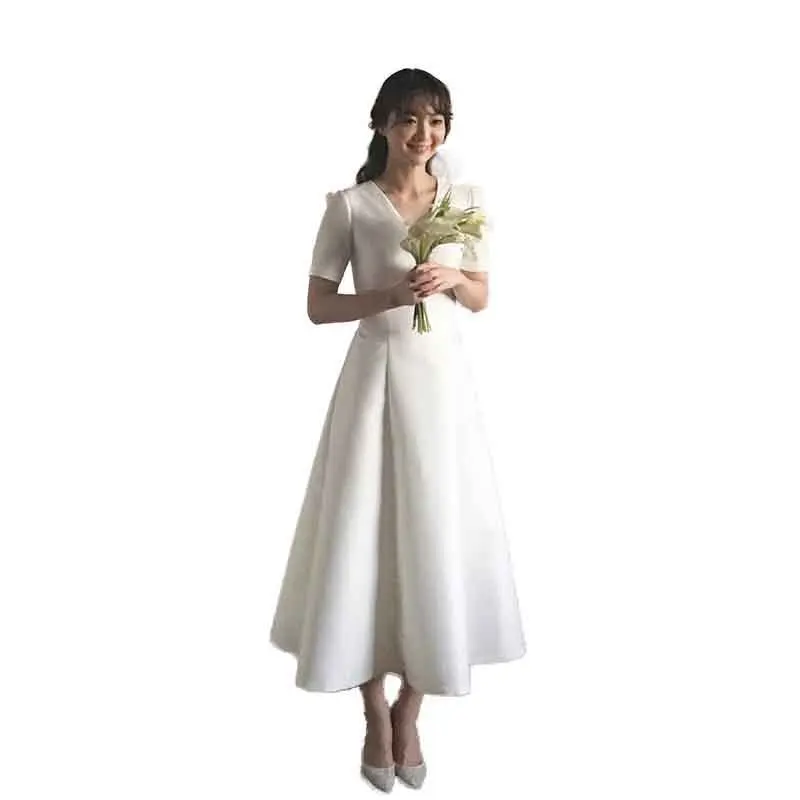 J7139 Tea-Length Satin Wedding Dress Bride Short Sleeve White Elegant Prom Dresses Bridesmaid Vestidos Formal Gowns