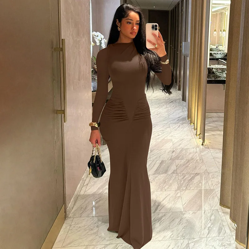 Elegant Women Dress Fashion Simple Solid Sleeveless Cinched Fold Waist Maxi Bodycon Long Dress Sexy Bodycon Dress Vestidos