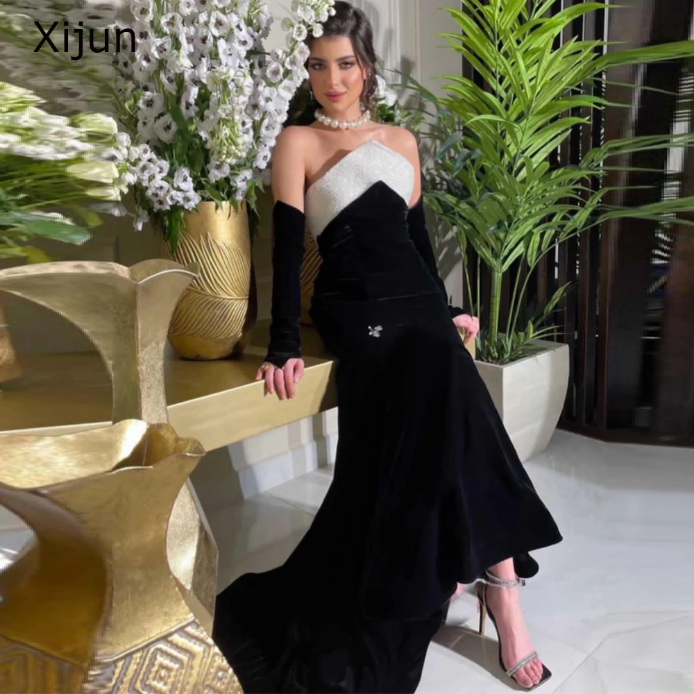 

Xijun Black Satin Evening Gowns Sequined Prom Gowns Floor Length Saudi Arabia Long Prom Dress Dubai Formal Occasion Prom Dress