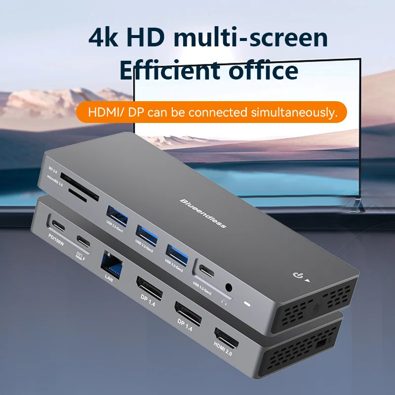 

Type-c docking station dual dp+hdmi multi-screen display 4k60hz HD hub converter 10Gbps docking station