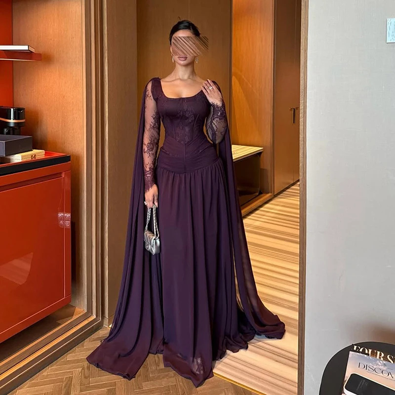 

Thinyfull Saudi Arabia A-Line Long Prom Evening Dresses Scoop Neck Lace Maxi Party Dress Chiffon Cocktail Prom Gowns Customized