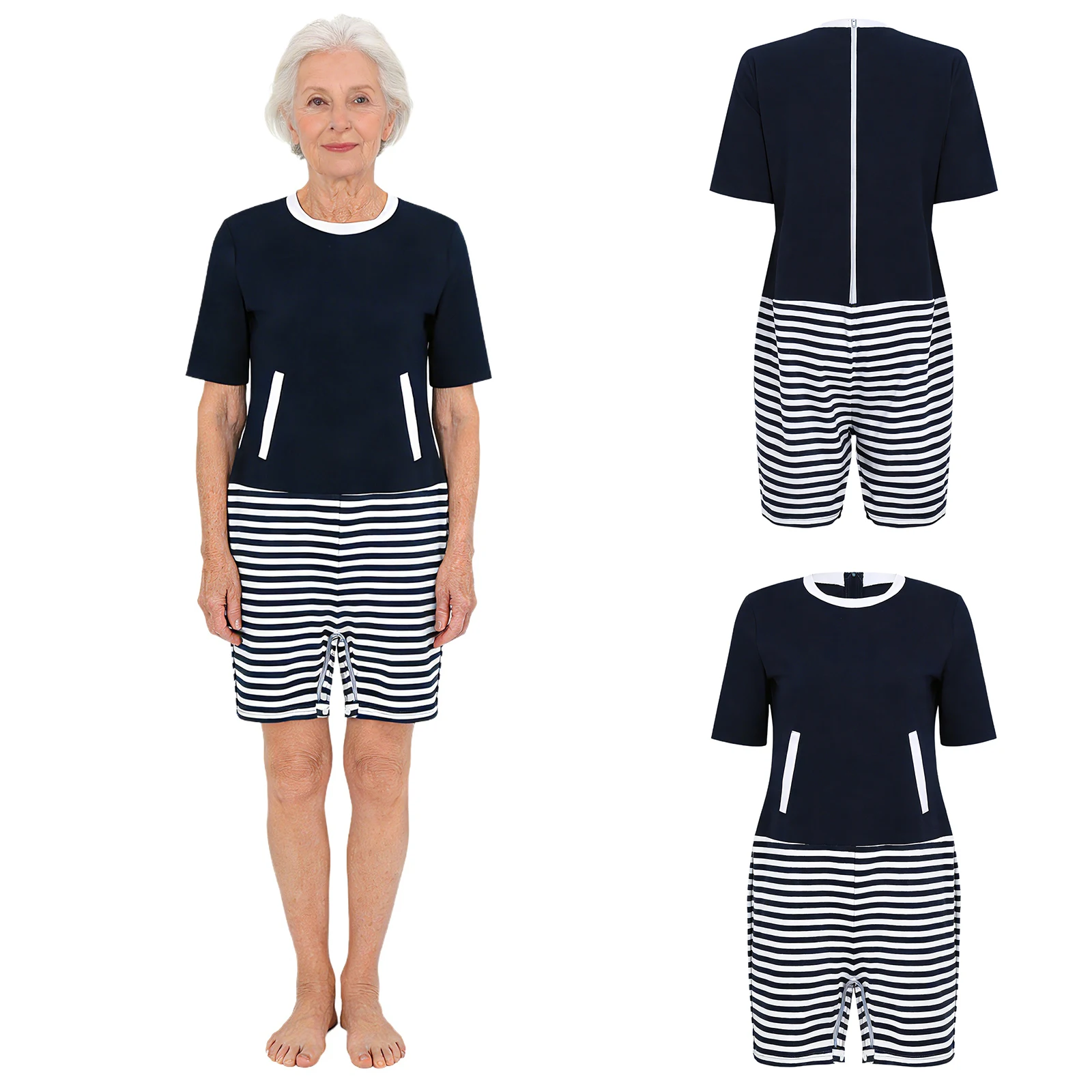 Women Elderly Alzheimer Adaptive Jumpsuit Special Need Clothing Back Zipper Anti-strip Stripe Rompers Pajama Homewear Sleepwear