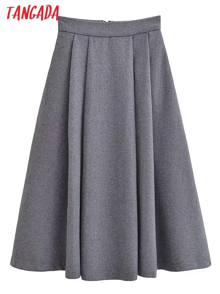 Tangada 2023 Winter Women Gray Thick A-line Skirt With Zipper Ladies Chic Long Skirts 6P270