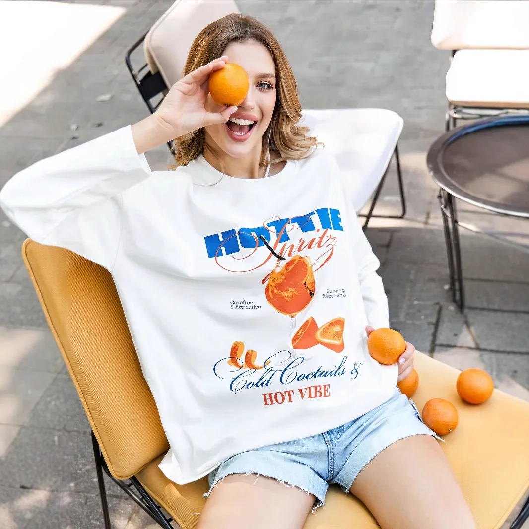 Gorąca, urocza graficzna bluza z nadrukiem soków, luźne bawełniane białe bluzy damskie, słodkie, personalizowane, moda uliczna, jesień.