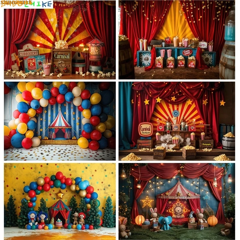 

Circus Tent With Striped Canopy Popcorn Photography Backdrops Balloons Birthday Party Decor Animal Photo Studio Background SD-08