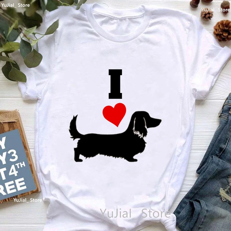 Dachshund Heart Beats Graphic Print Tshirt Girls Funny Dog Lover T Shirt Women Harajuku Shirt Kawaii Clothes Summer Tops Tee