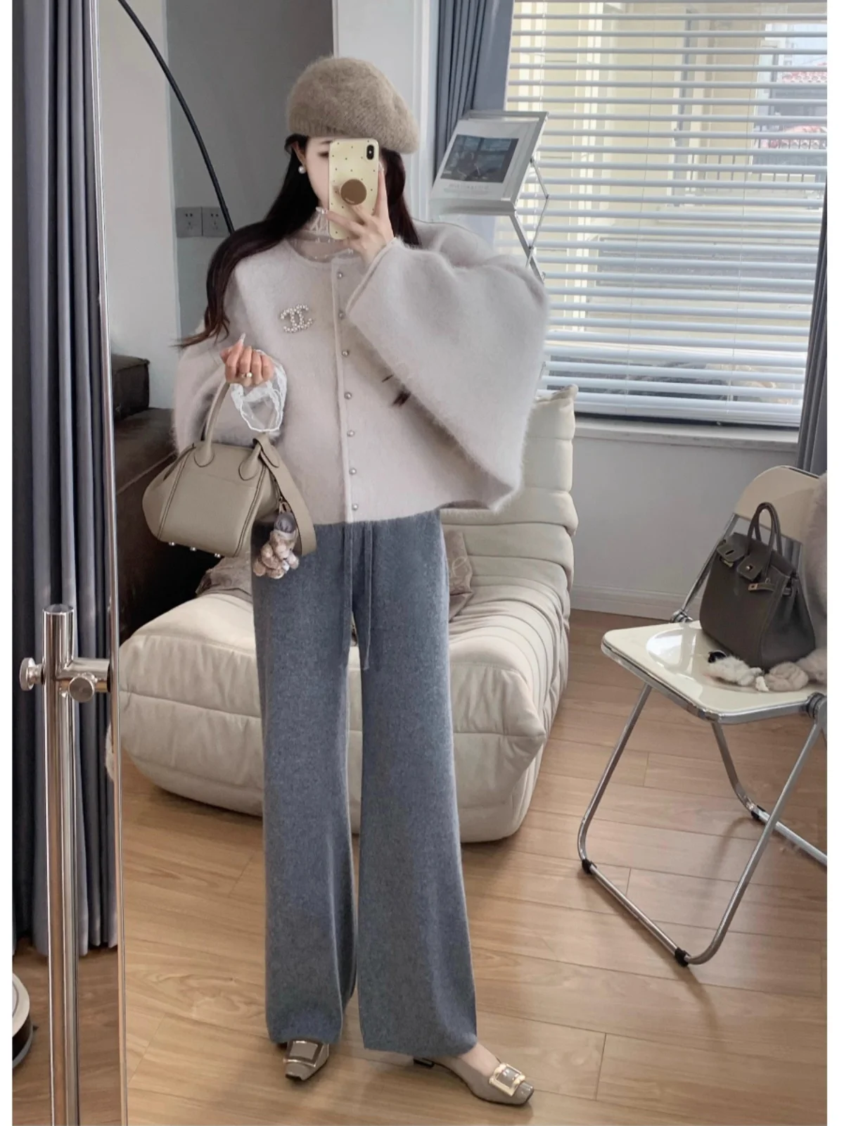 Oaeal Gebreide Wollen Wijde Pijpen Broek Dames Herfst Winter Rechte Casual Broek Afslanken Drapey Hoge Taille Pendelen Sle