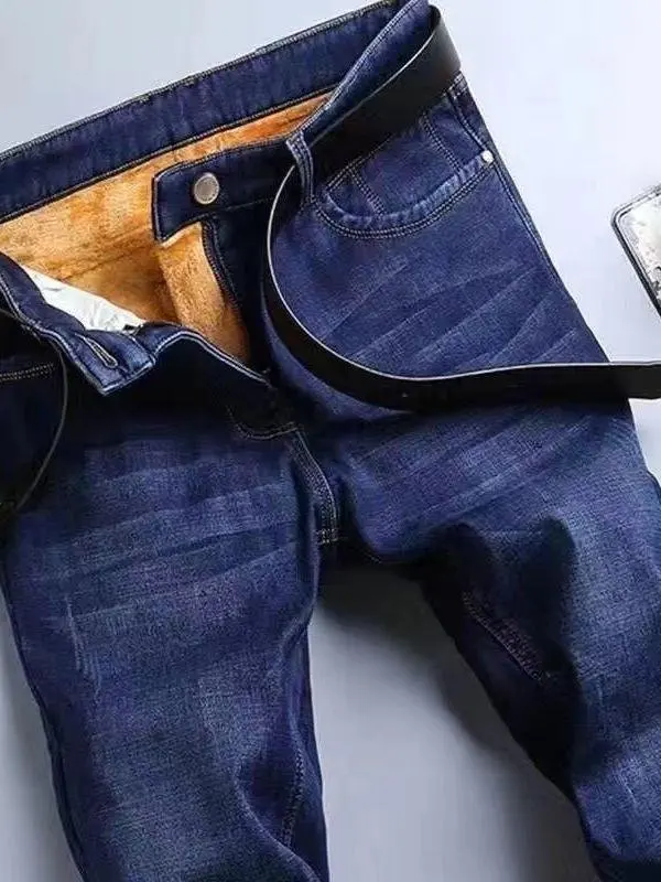 

Thiened Fce, повседневные свободные мужские джинсы, рабочая одежда с эластичной резинкой на талии, зимние теплые длинные брюки с высокой талией, украшенные полиэстером...