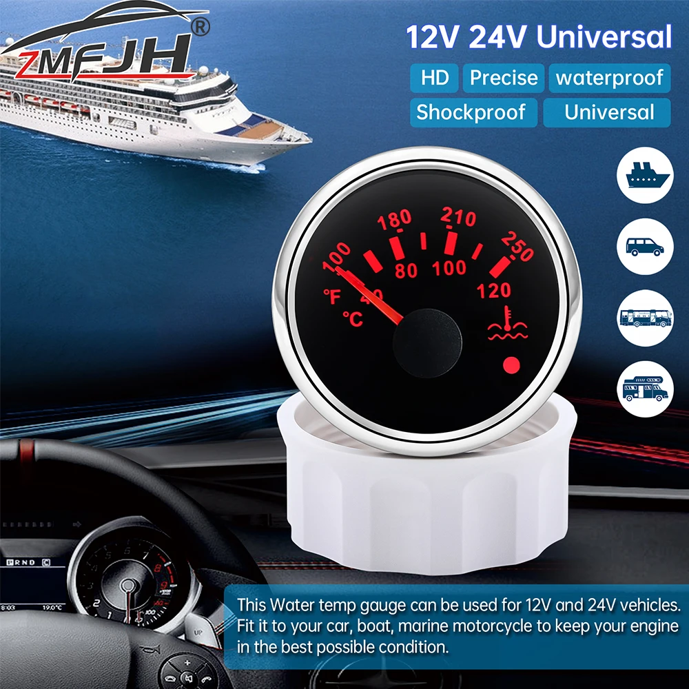 52mm Water Temp Gauge 40-120℃ 100-250℉ Water Temperature Meter With Alarm Light For Marine Boat Car Truck Temp Indicator