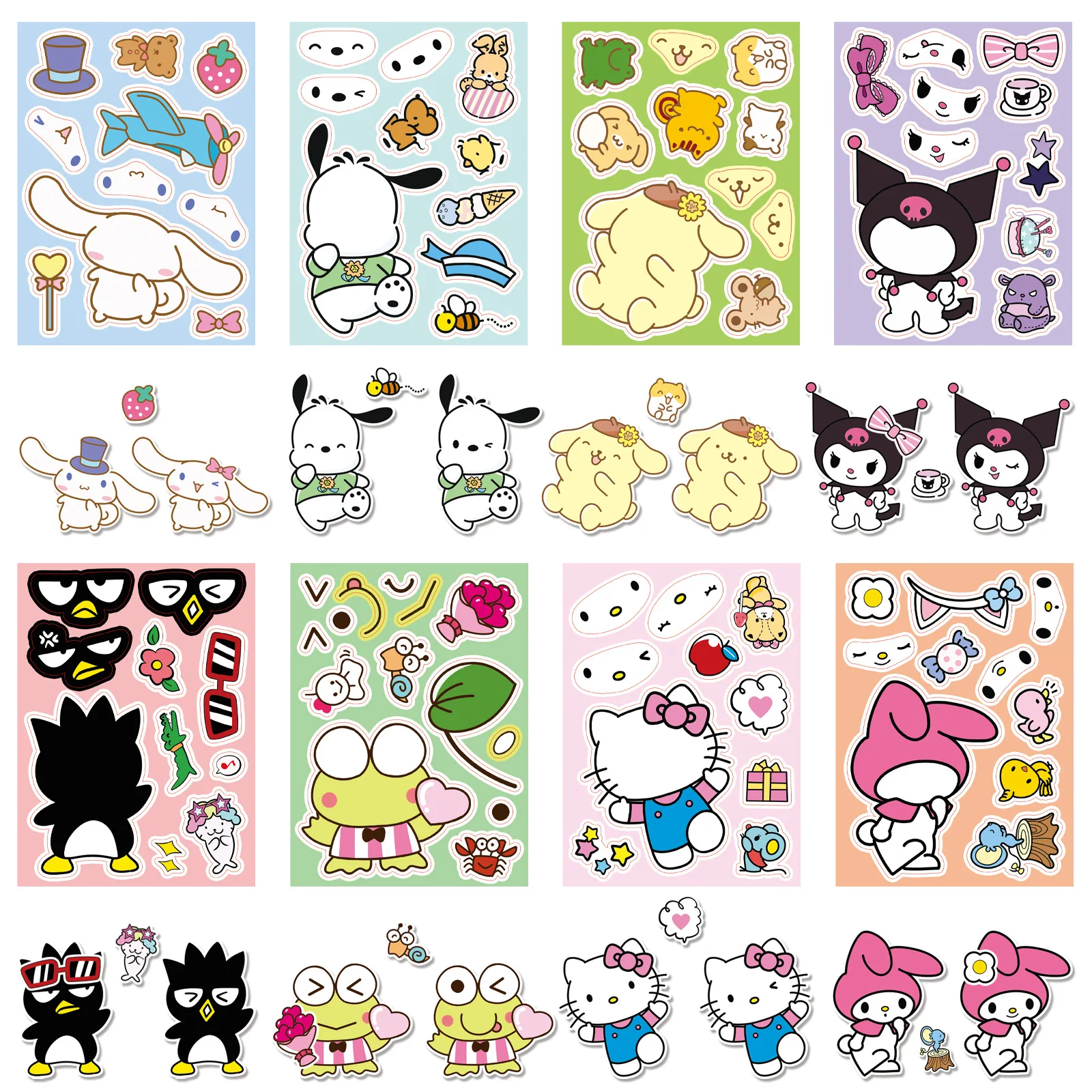 8Sheets Mix Kuromi Hello Kitty Children Puzzle Sanrio Stickers Make-a-Face Assemble Cartoon Game Assemble Jigsaw Children Gift