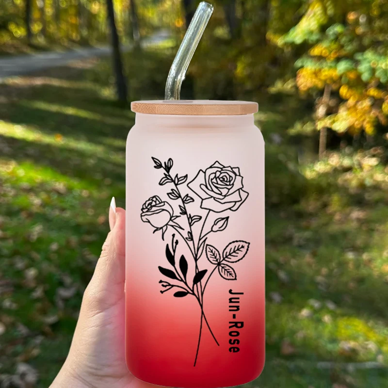 Birth Month Flower Drinking Glass With Lid And Straw Frosted Glass Can Shaped Water Cup12pcs Birth Month Flower Available