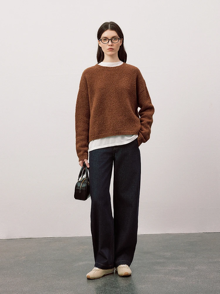 WUUO Mohair Knitted Sweater Loose round Ne Breathable Warmth Goat Camere Texture Sensation Commute Sle Winter Long Sve