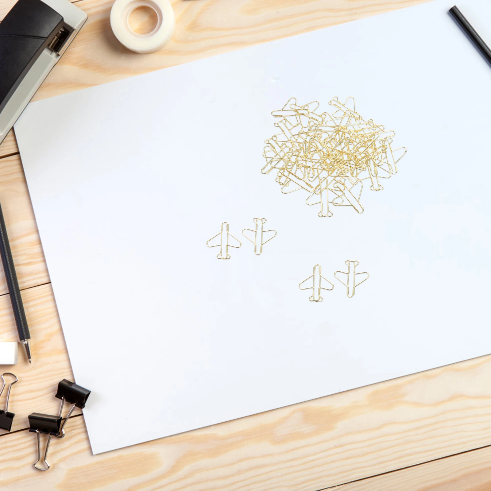 100 Pezzi Mini Graffette a Forma di Aeroplano Dorate, Clip Decorative in Metallo per Planner, Organizzatore Documenti, Forniture per Ufficio e Scuola, Sacchetti Regalo