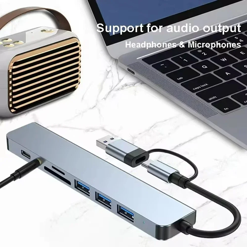 Usb Hub Usb Splitter 8 In 2 Usb Extender With 4 Usb Port 1 Usbc Port Tf/sd Card Reader Audio Output Compatible With Macbook New