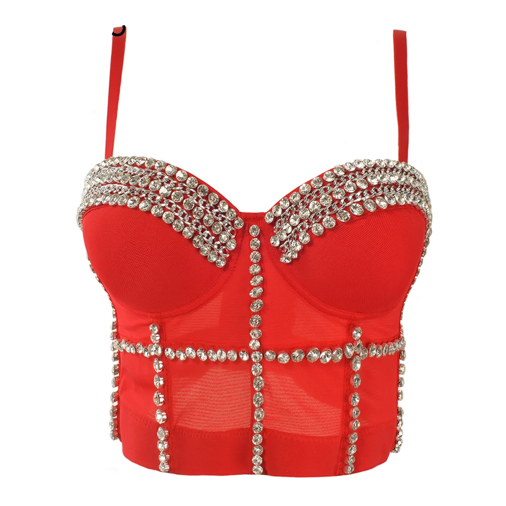 Sexy Rock Punk Bra Diamond & Pearl Decoration Push Up Bralette Lingerie Anti-light Shockproof Bra Clubwear Corset Plus Size