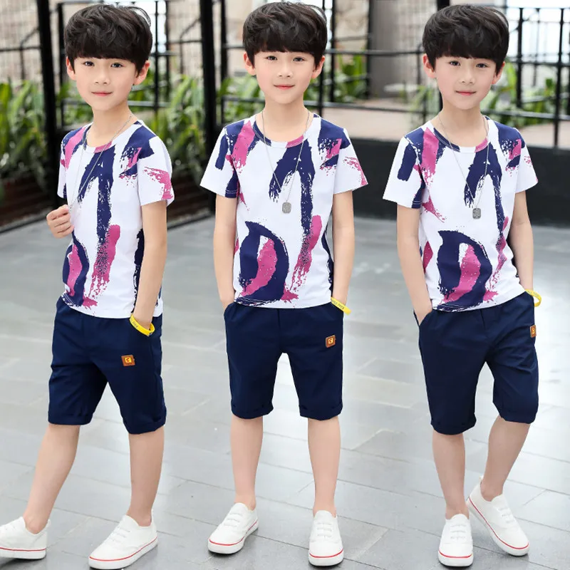 Children clothes Boys Clothing Sets Summer Cotton Teenage Kids  Suit For 4 6 8 10 12 14 Years Short Sleeve Shirt Shorts Set