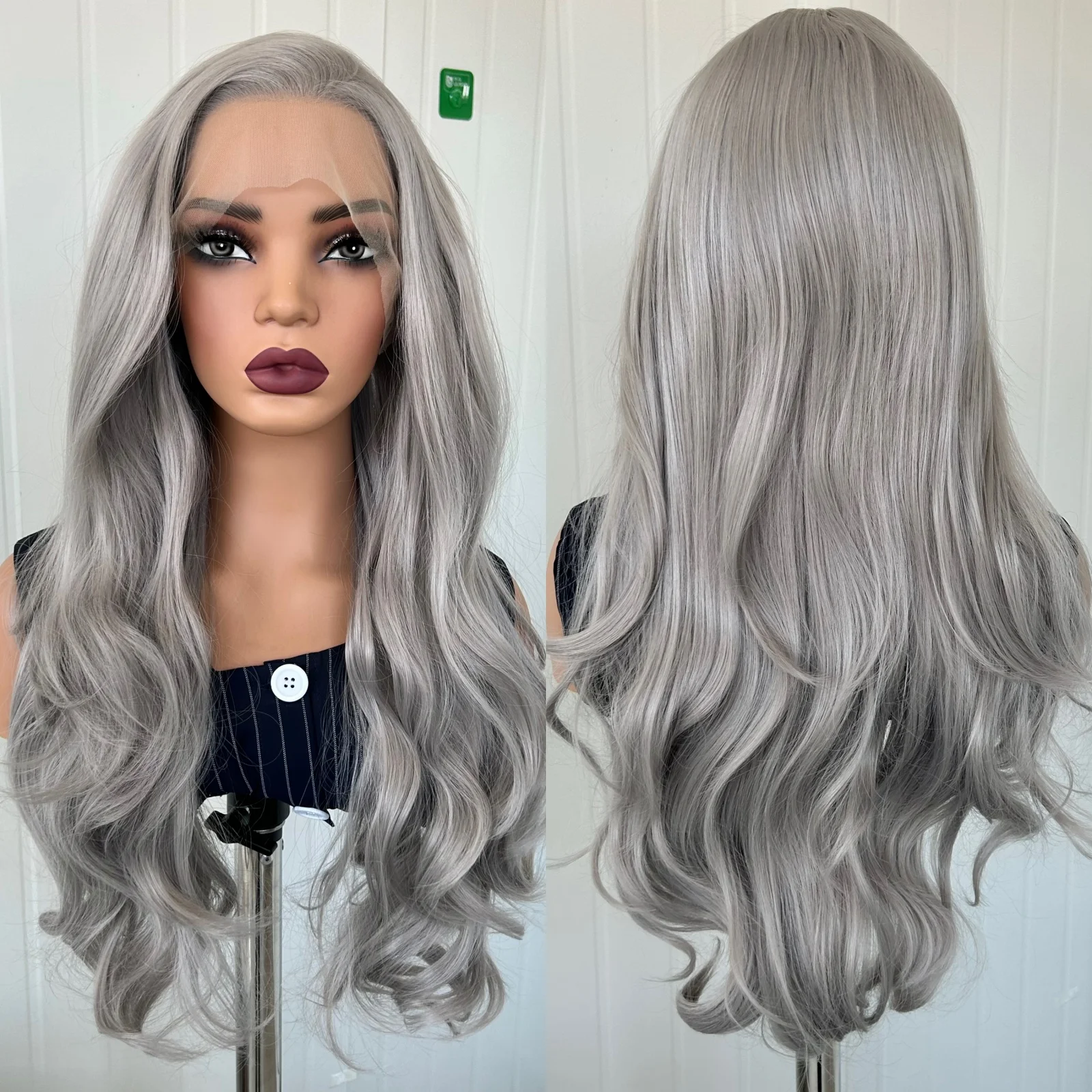 طويل مجعد متموج فضي رمادي الجسم موجة الاصطناعية الدانتيل الجبهة الباروكات للنساء جزء مجاني موجة طبيعية رمادي 13X4 الدانتيل حفلة يومية