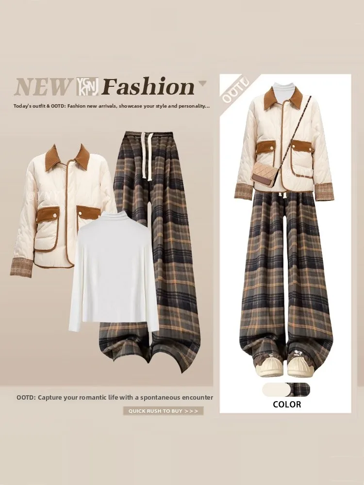 

Retro Patchwork Plaid Set Women's Autumn Winter Design Sensation Color Collision Cotton Jacket High Waist Wide Leg Pants Fash...