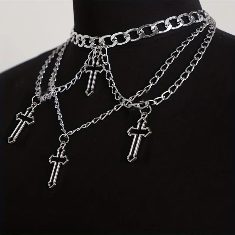 1pc Gothic Trendy Hip-Hop Geometric Multi-Layer Cross Currency Shaped Necklace , Collarbone Chain For Men And Women