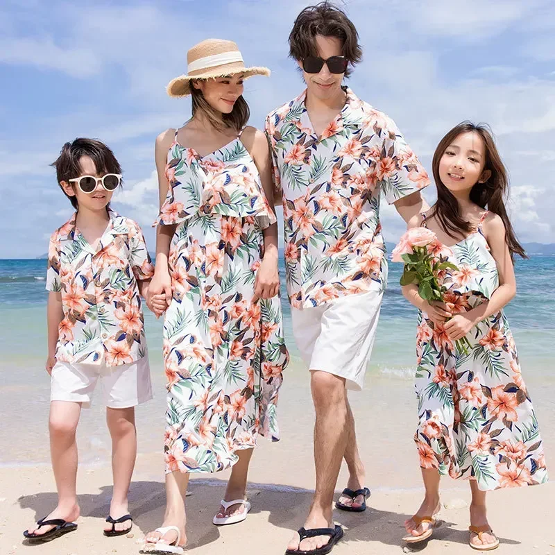 Family Look Vacation Beach Clothing Mom Daughter Sleeveless Dress Dad Son Matching Floral Shirt Set Parent Child Holiday Clothes