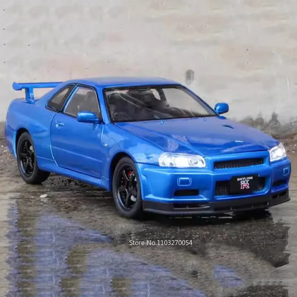 Voitures de sport en alliage GTR R34, modèles moulés sous pression, jouets, 4 portes ouvertes, son et lumière, véhicules à collectionner, décoration de maison Miniature, 1:24