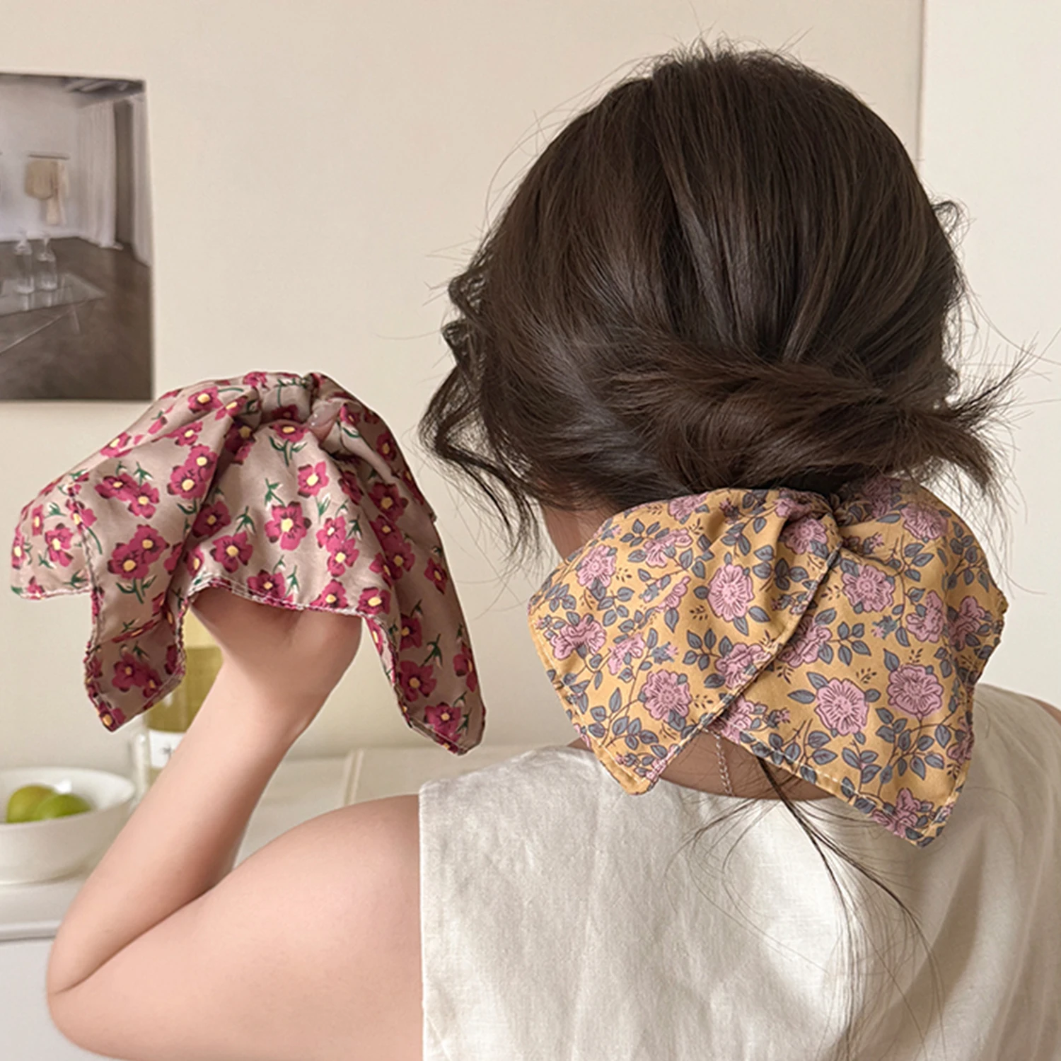 Floral Stoff Quadratische Elastische Haarbänder Frauen Elegante Haar Krawatte Seil Mode Mädchen Bogen Hairbnd Scrunchies Pferdeschwanz Haar Zubehör