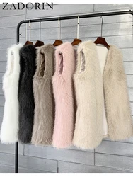 ZADORIN Fashion Autumn Winter Fur Vests V Neck Solid Long Faux Fur Vest Women Pink White Faux Fur Jacket Furry Fur Coats Tops