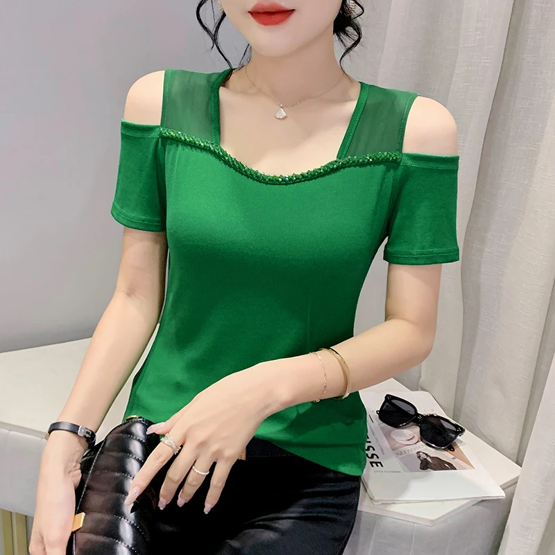 

Summer European Clothes Mesh T-Shirt Chic Sexy Off Shoulder Beading Women's Tops Short Sleeve New Elastic Black Green Tees 2134