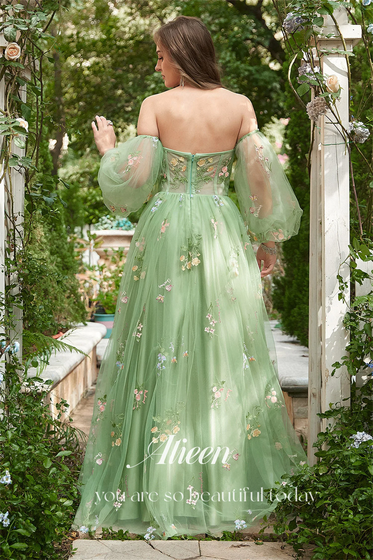 Aileen Removable Puff Sleeves Sweetheart Embroidery Grass Green Custom Made Evening Dresses Woman Elegant Party Dress 2024 Women