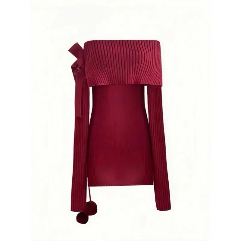Fashion Suit Female Melard Autumn and Winter New Spice Girls Off-shoulder Slimming Bow Sweater Cake Dress Two-piece Personality