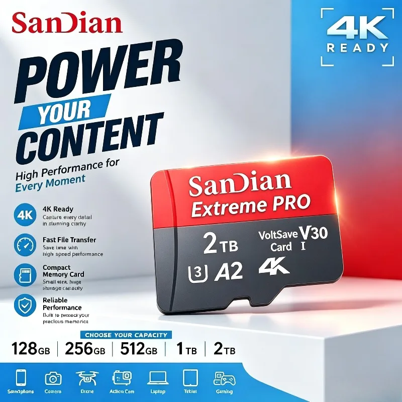 High Speed Class 10 Memory Card, 1TB Micro TF SD Card, 128GB 512GB 256GB Storage, for Camera Phones and Tablets.