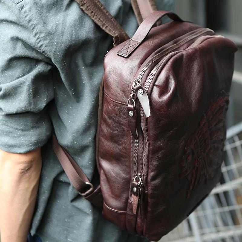 Handmade Vintage Men Backpack Computer Bag Travel Backpacks Head Layer Cowhide Original Indian European and American Leather Big